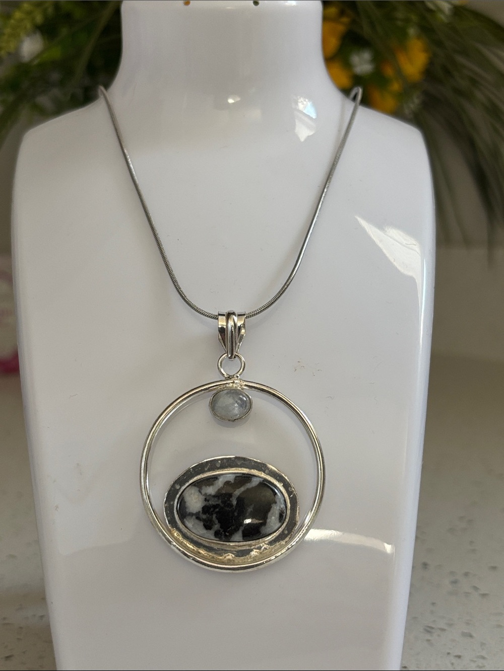Sterling Silver Buffalo Turquoise & Rainbow Moonstone Gemstone Pendant Necklace